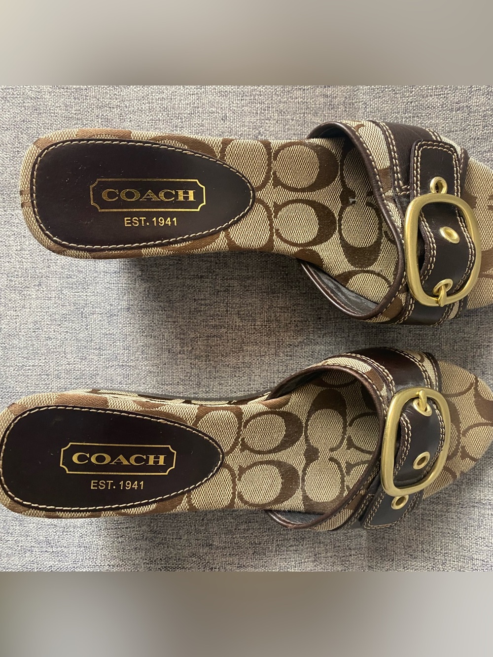 Coach Greta Brown Y2K Luxe Signature Brown Leather Slide Sandals Gold Buckle 7 - Picture 11 of 12